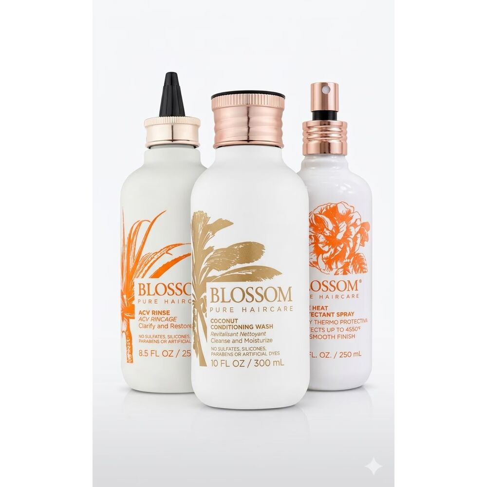 Blossom 3-PC Hair Care Set – Shampoo, ACV Rinse Clarifying Rinse & Heat Protect